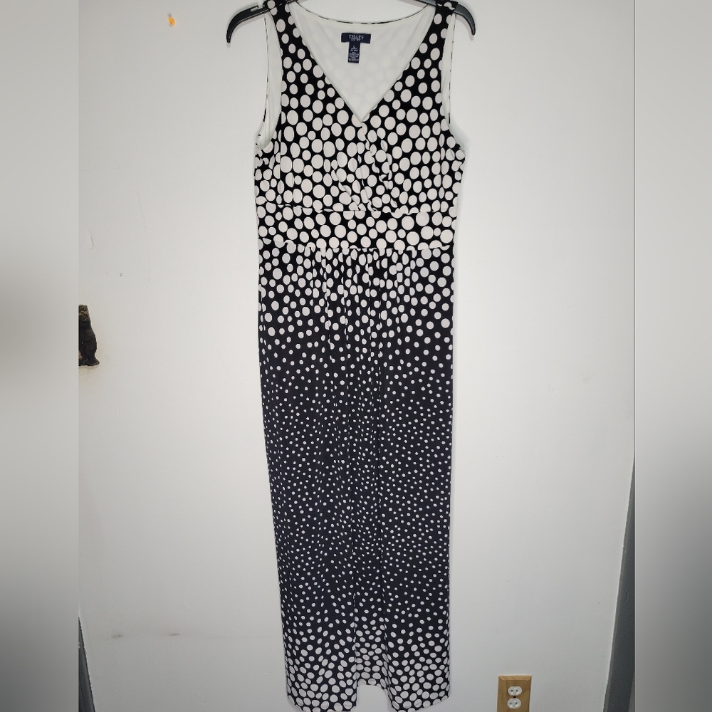 Chaps Women's Size Large L Black White Polka Dot Sleeveless V-Neck Maxi Dress